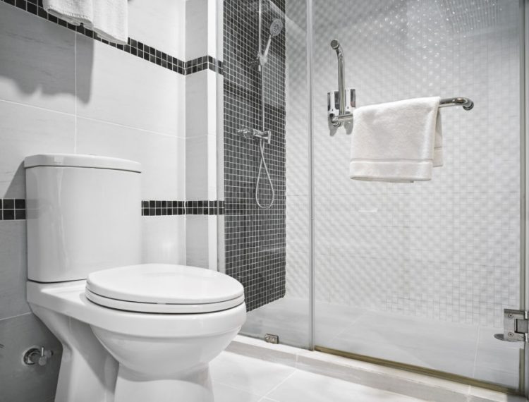 612c8e7941662 Concept of modern decoration design of bathroom with toilet and shower decorating with black and white ceramic for luxury hotel, condominium, residential