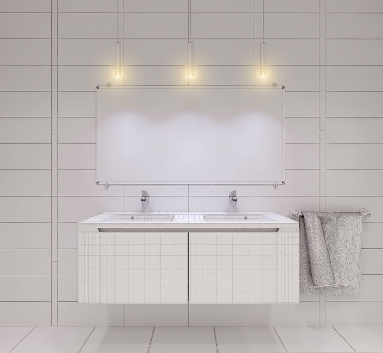 3D render of the bathroom without color and textures. Interior design of a bathroom is depicted in the polygon mesh