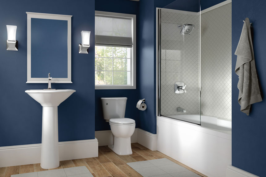 delta-chrome-master-bathroom-with-navy-blue-walls Delta chrome tapware in navy blue master bathroom
