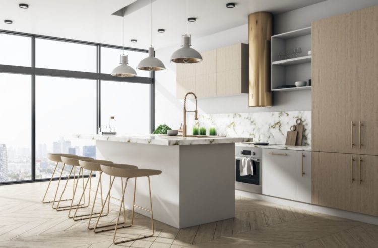 612f0a5491498 Wooden loft kitchen interior with furniture, city view and sunlight. 3D Rendering