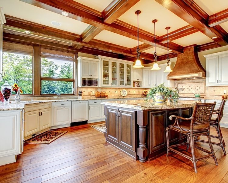 Great kitchen with nice hardwood floor and brilliant lighting.