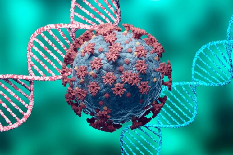 Coronavirus and DNA, virus mutation. New variant and strain of SARS CoV 2. Microscopic view. 3D rendering